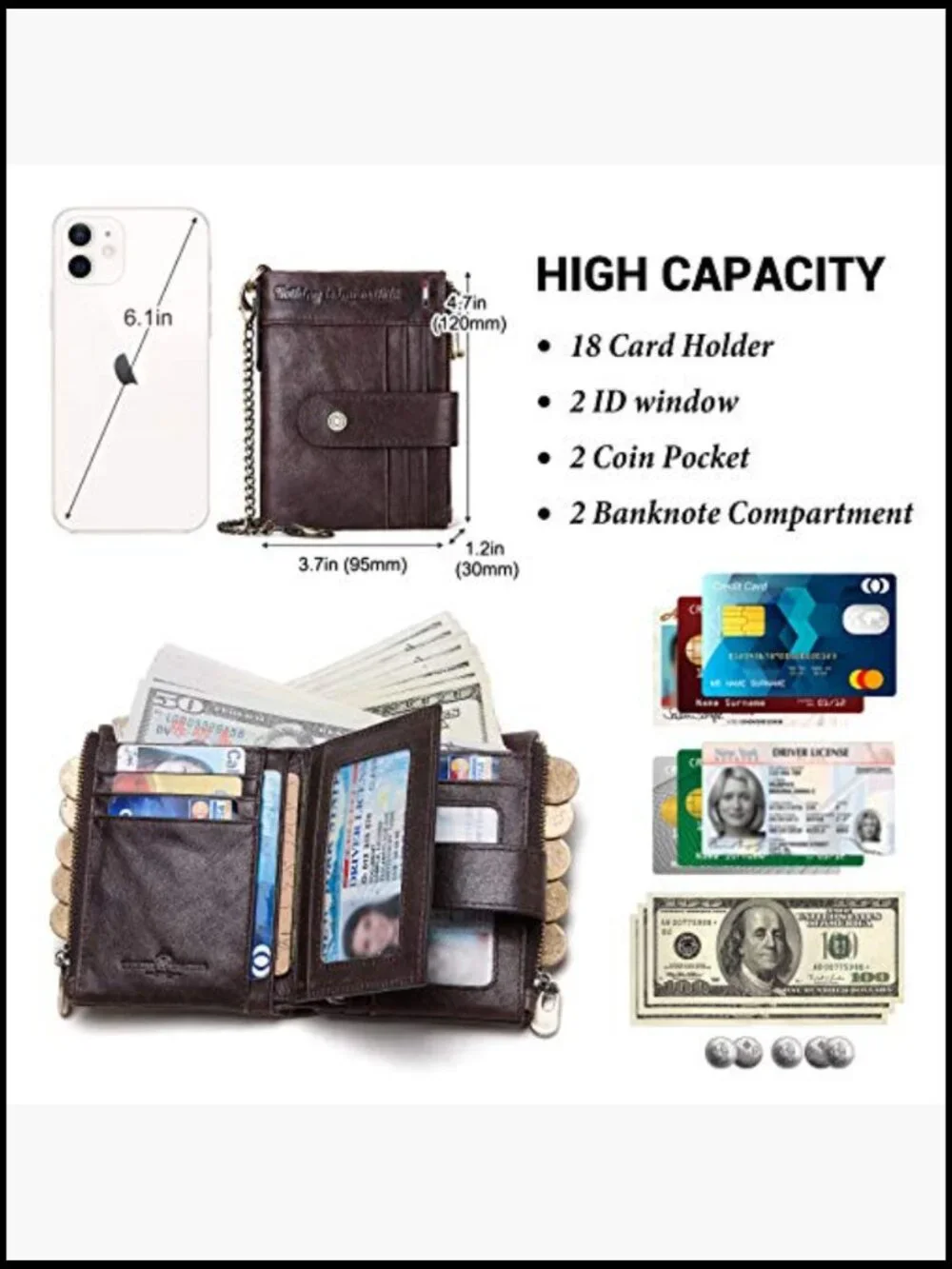 Genuine Leather RFID Bifold Wallet Anti-Theft Chain Zipper Coin Pocket